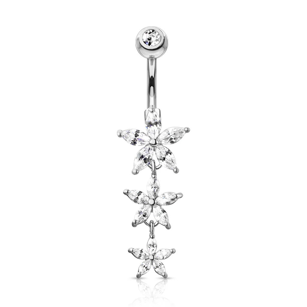Triple Marquise CZ Flowers Dangle Belly Button Navel Rings - Image 3