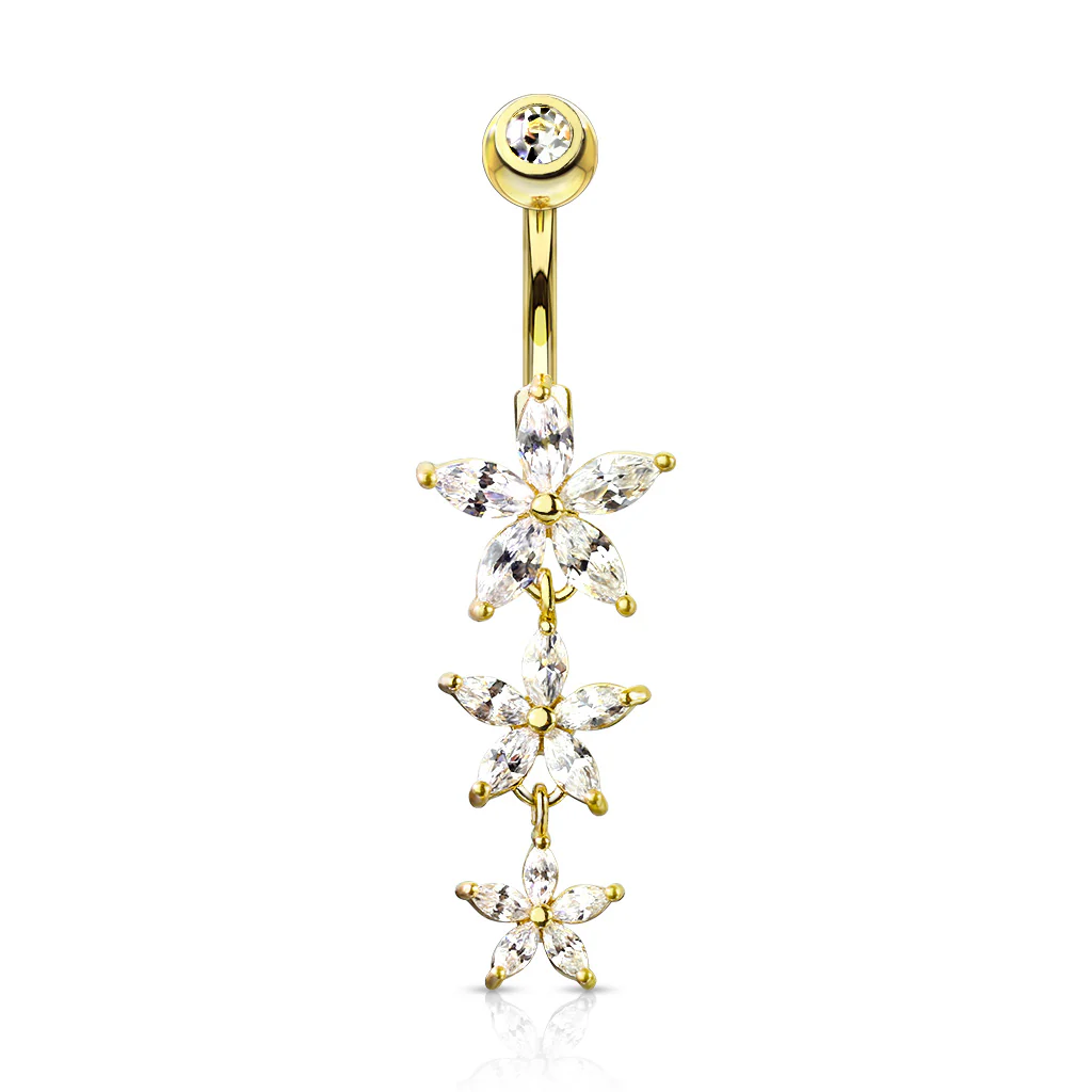 Triple Marquise CZ Flowers Dangle Belly Button Navel Rings - Image 4