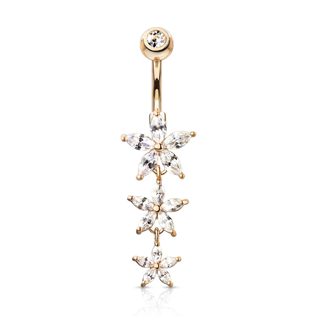 Triple Marquise CZ Flowers Dangle Belly Button Navel Rings - Image 5