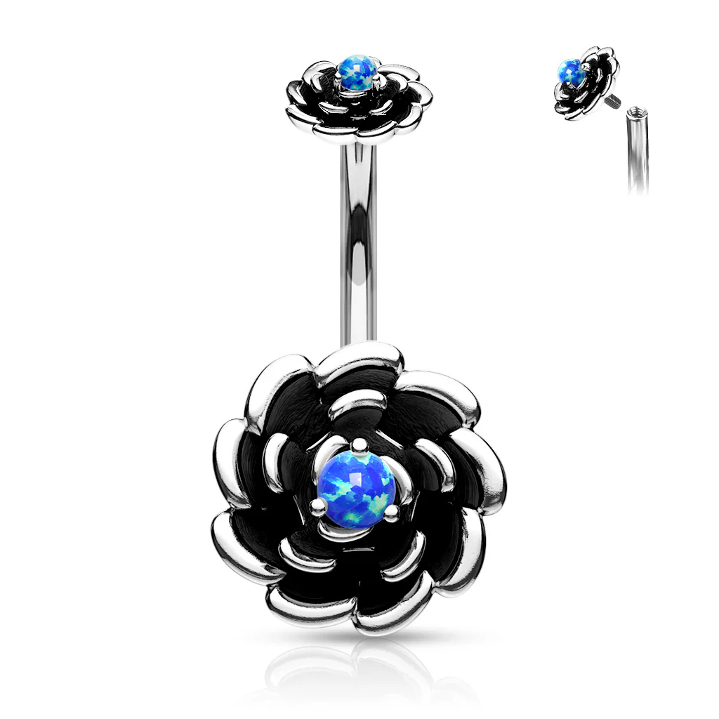 Antique Silver Opal Rose With Internal Threaded Opal Top Belly Button Navel Rings - Image 3