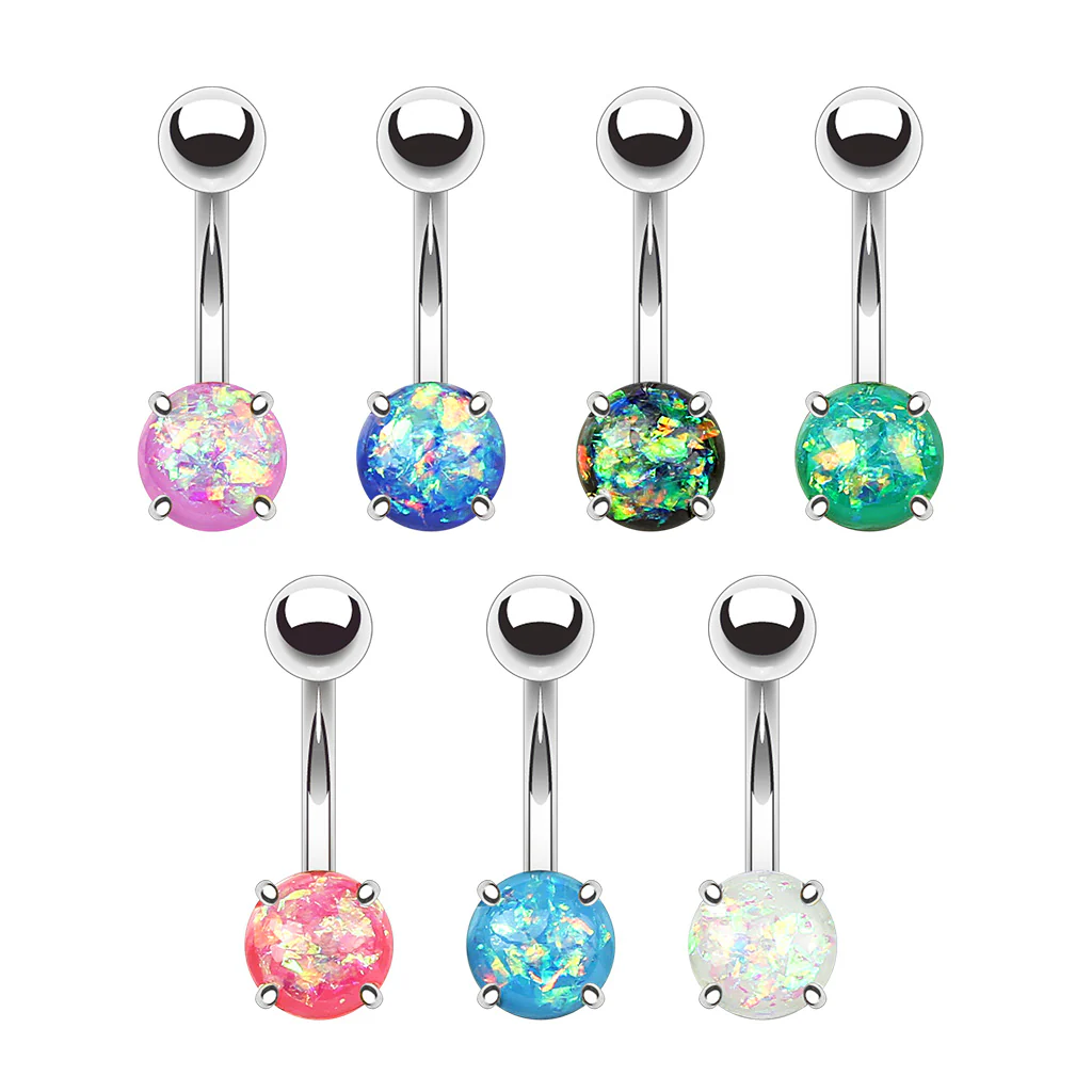 Opal Glitter Prong Set Surgical Steel Navel Belly Button Ring