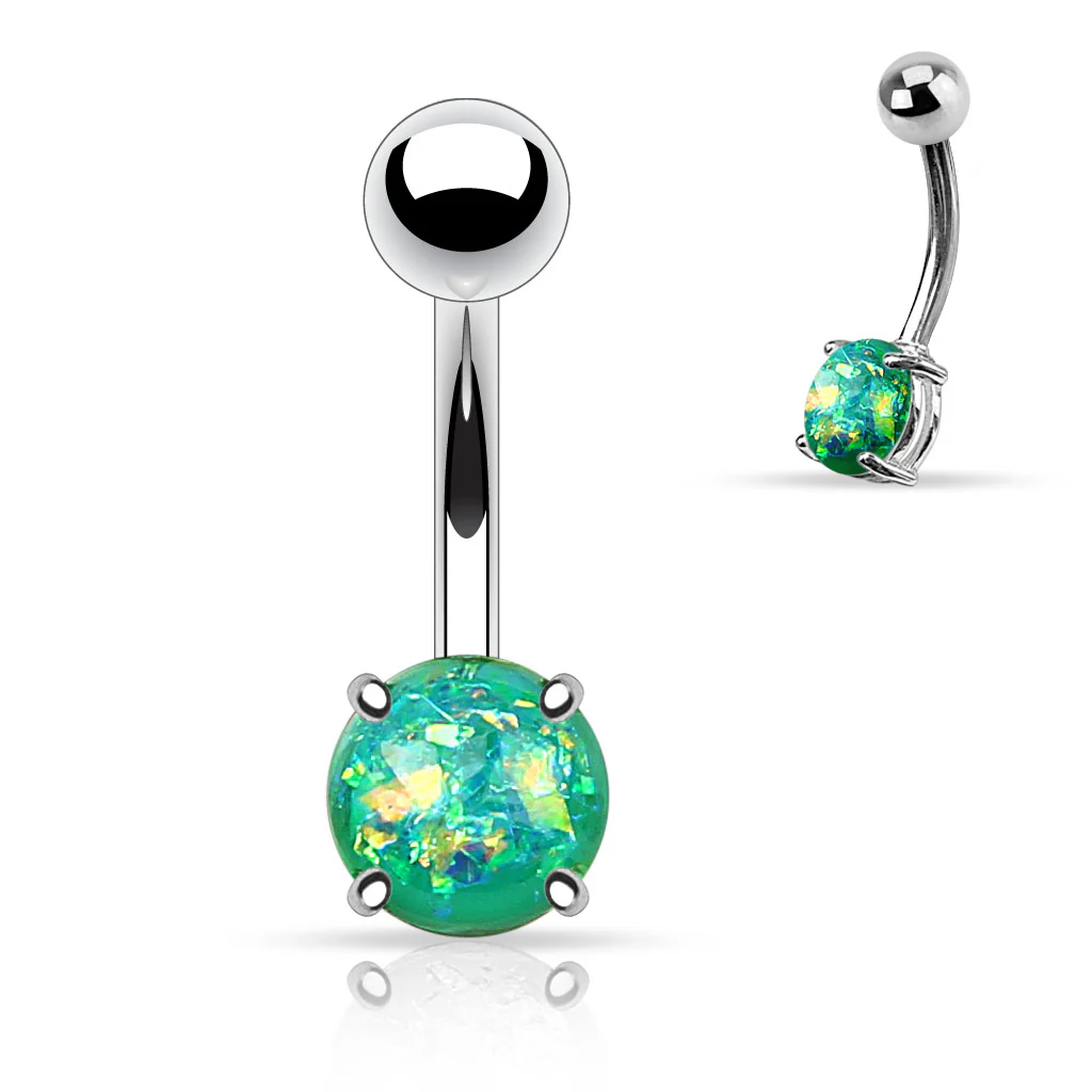 Opal Glitter Prong Set Surgical Steel Navel Belly Button Ring - Image 2