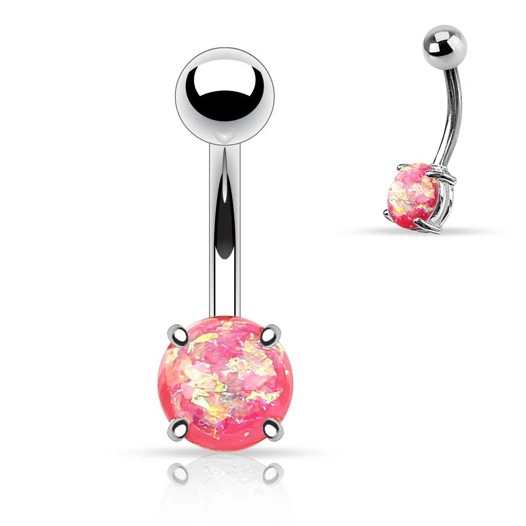 Opal Glitter Prong Set Surgical Steel Navel Belly Button Ring - Image 3