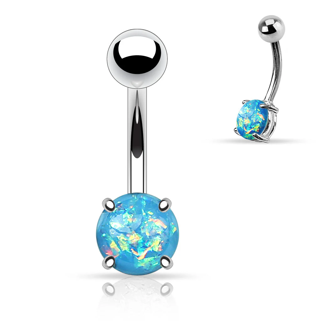 Opal Glitter Prong Set Surgical Steel Navel Belly Button Ring - Image 4