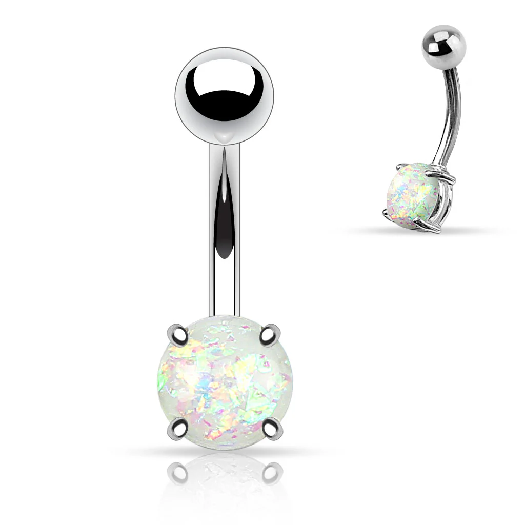 Opal Glitter Prong Set Surgical Steel Navel Belly Button Ring - Image 5