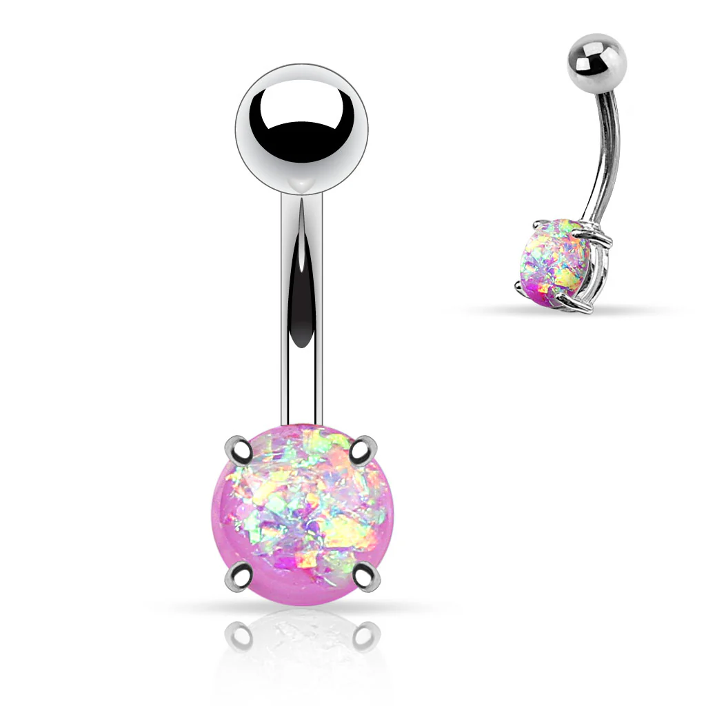 Opal Glitter Prong Set Surgical Steel Navel Belly Button Ring - Image 6
