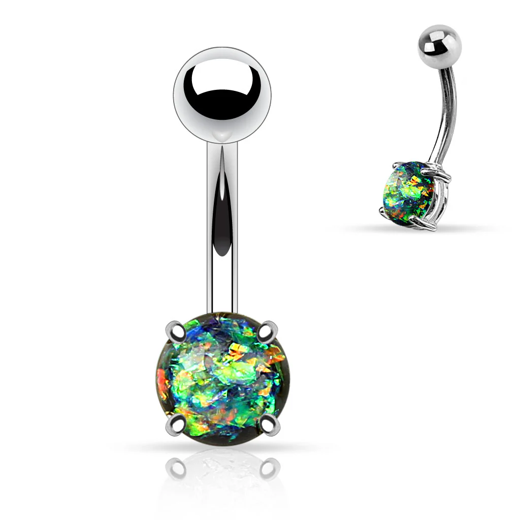 Opal Glitter Prong Set Surgical Steel Navel Belly Button Ring - Image 8