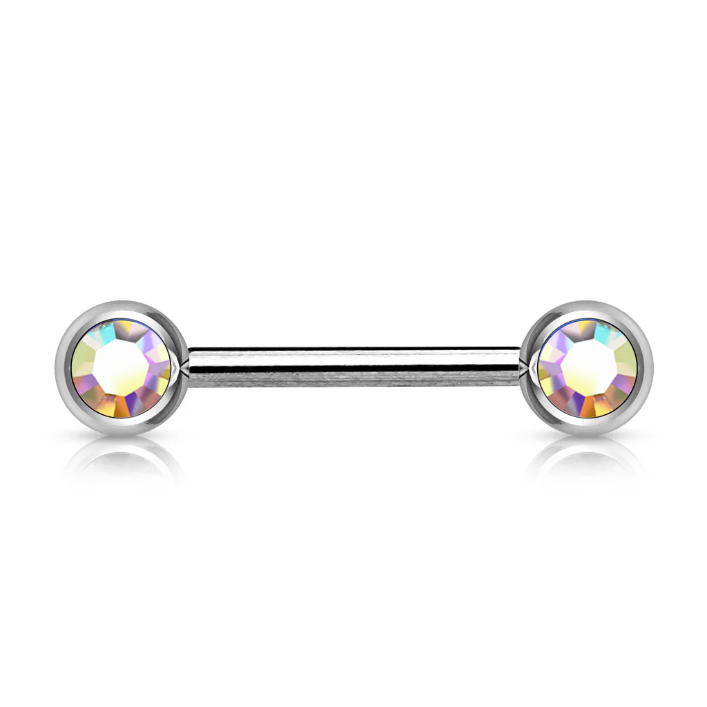 Pair Double Front Facing Gem Set 316L Surgical Steel Barbells Nipple Bar - Image 4