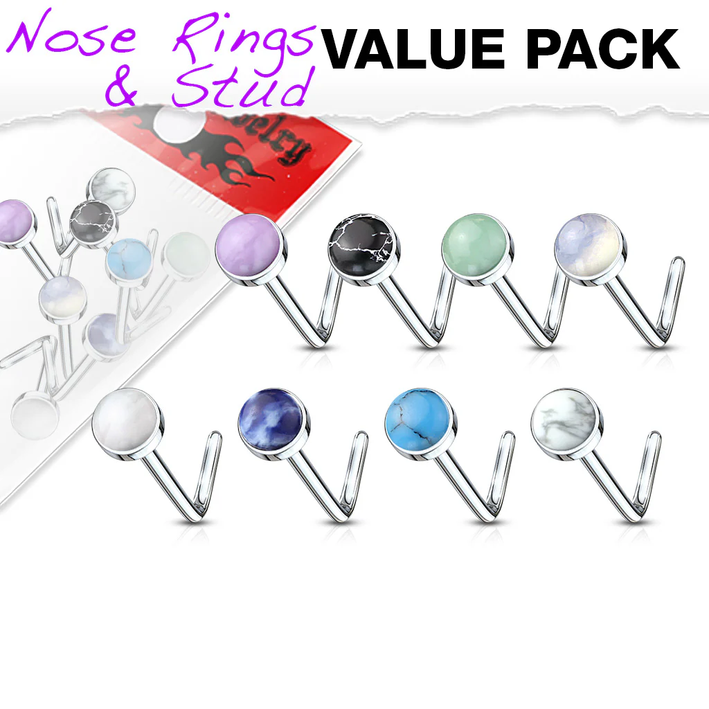Pack Of 8 Pcs Assorted Semi Precious Stone Set L Bend Nose Stud Rings 20G