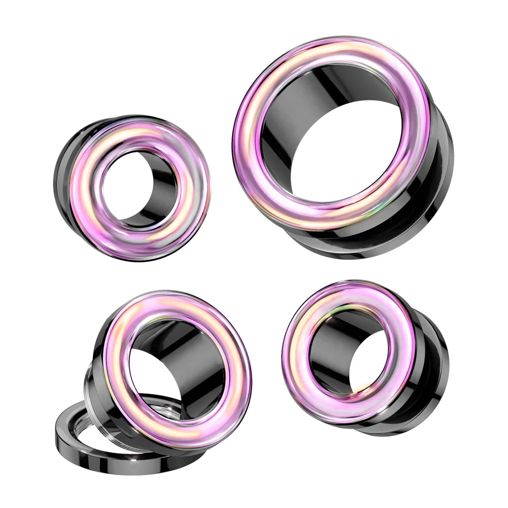 316L Surgical Steel Black PVD Rainbow Rim Screw Fit Tunnel