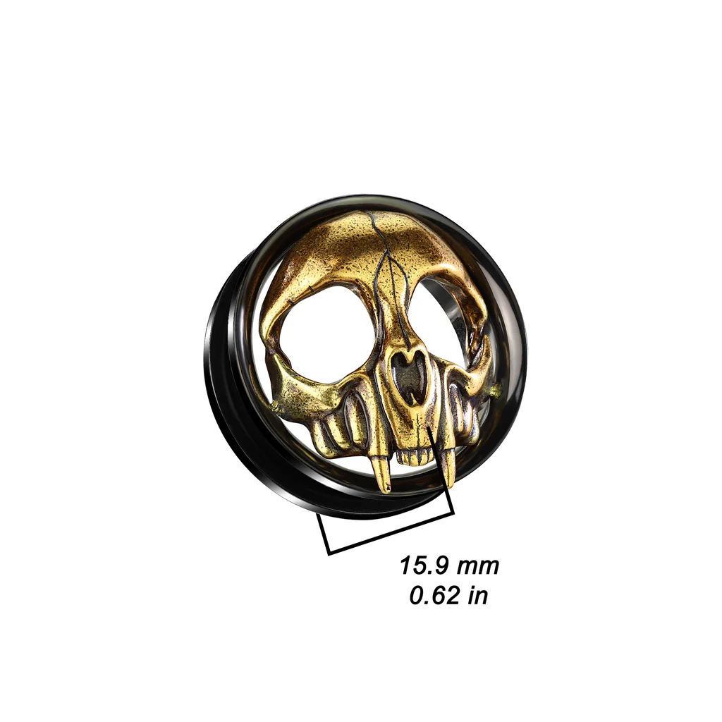 Pair Gold Skull Head Black Screw Fit Ear Tunnels Plugs - Image 2