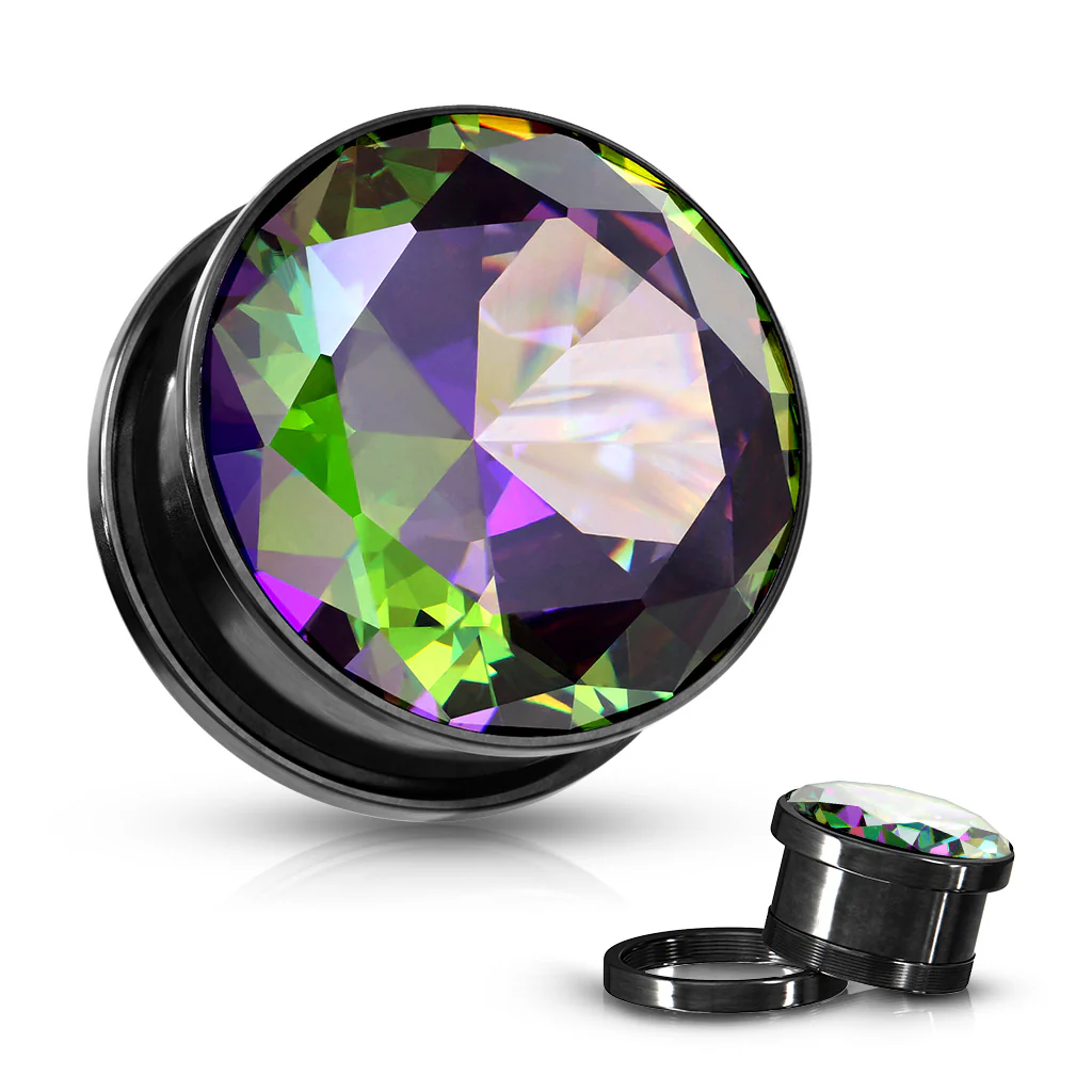 Pair Vitrail Medium CZ Black Titanium Screw Fit Flesh Tunnels Ear Plugs - Image 3