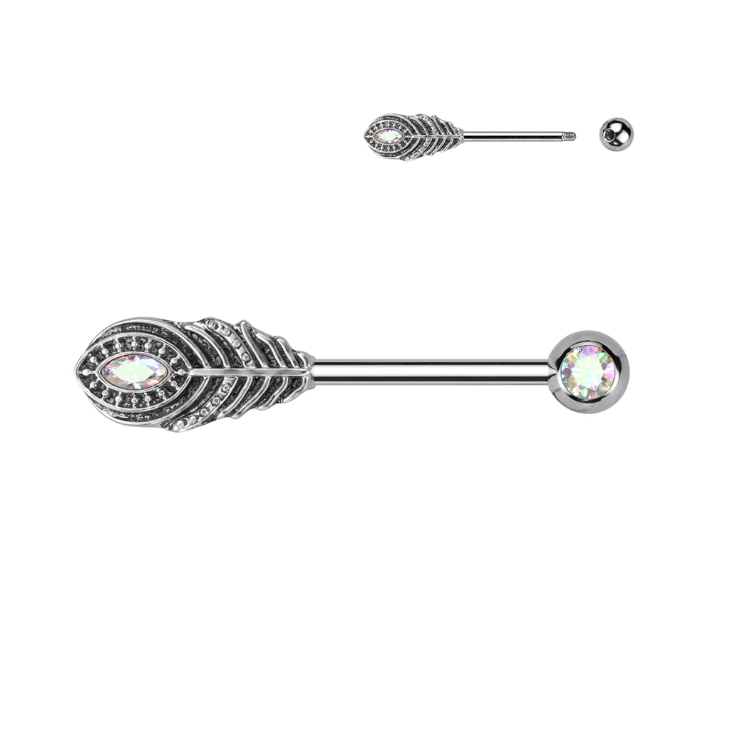 Pair Feather & Bezel Set Gem Nipple Barbell - Image 6