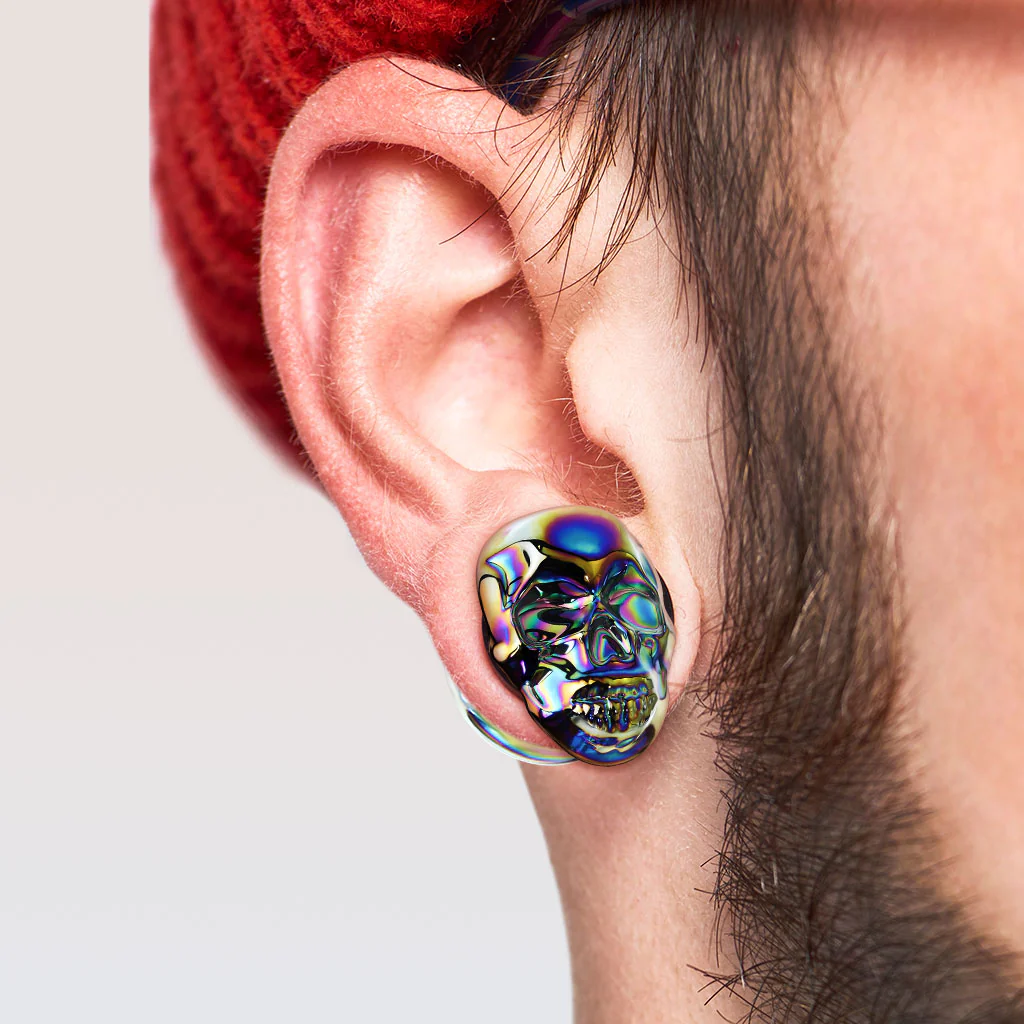 Pair Skull Front Double Flared Pyrex Glass Ear Plugs - Image 2