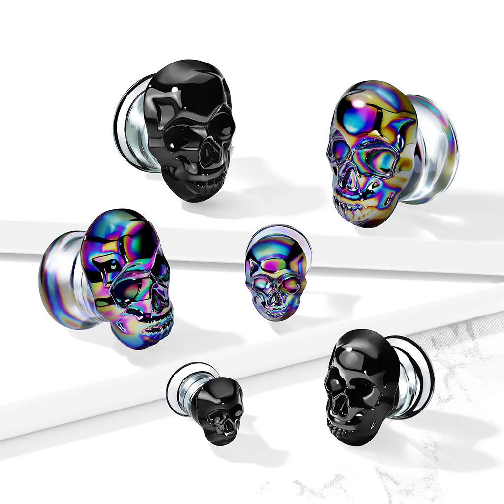 Pair Skull Front Double Flared Pyrex Glass Ear Plugs - Image 4