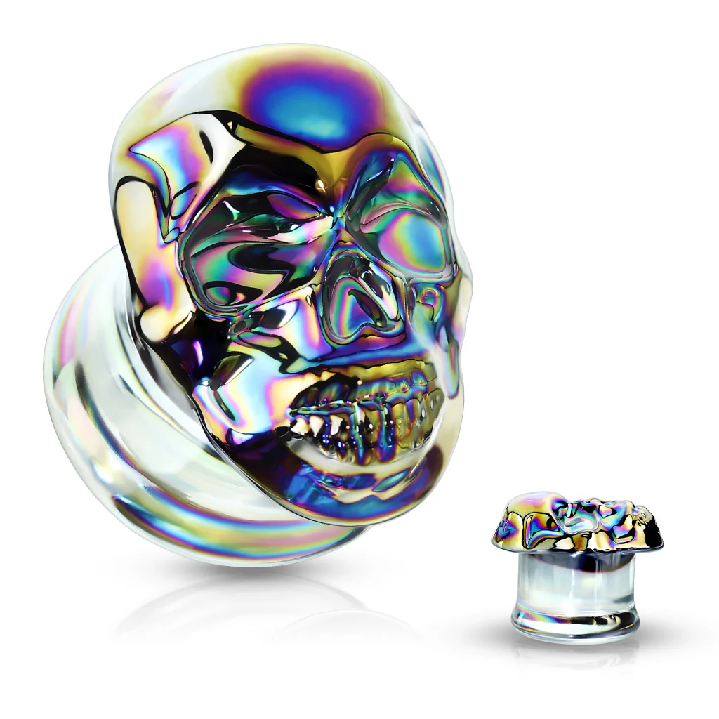 Pair Skull Front Double Flared Pyrex Glass Ear Plugs - Image 5
