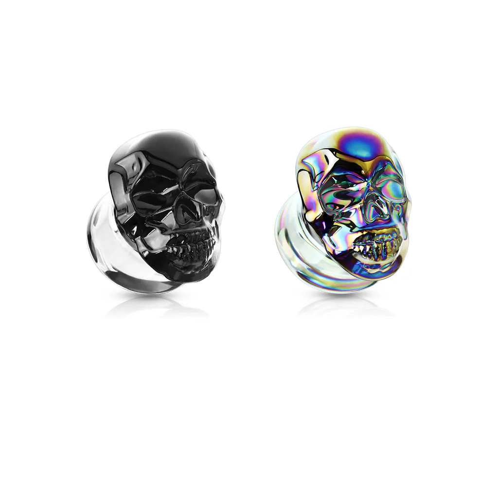 Pair Skull Front Double Flared Pyrex Glass Ear Plugs - Image 6
