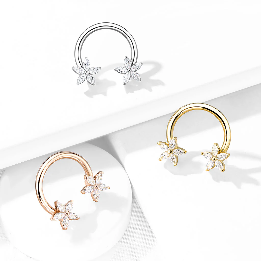 1 Pc CZ Flower Ends Circular Horseshoe For Nipple Ring Septum And More