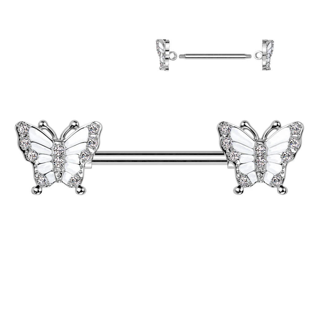 Pair Pave CZ Butterfly Ends Nipple Barbell Rings - Image 2