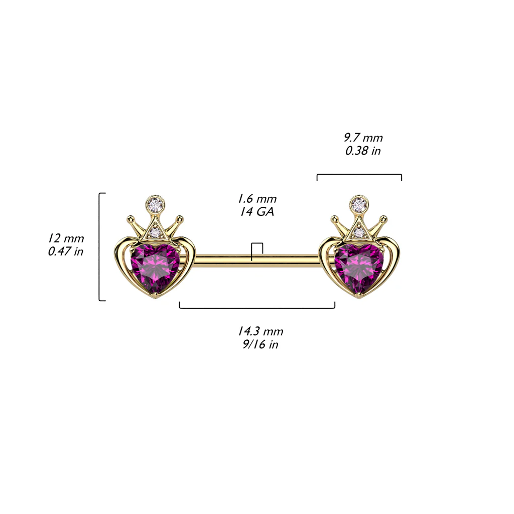 Pair of Pink Gem Heart & Crown Ends NippleBarbell Rings - Image 2