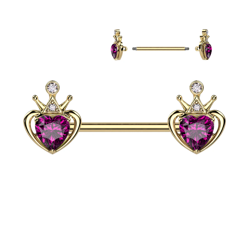 Pair of Pink Gem Heart & Crown Ends NippleBarbell Rings - Image 3