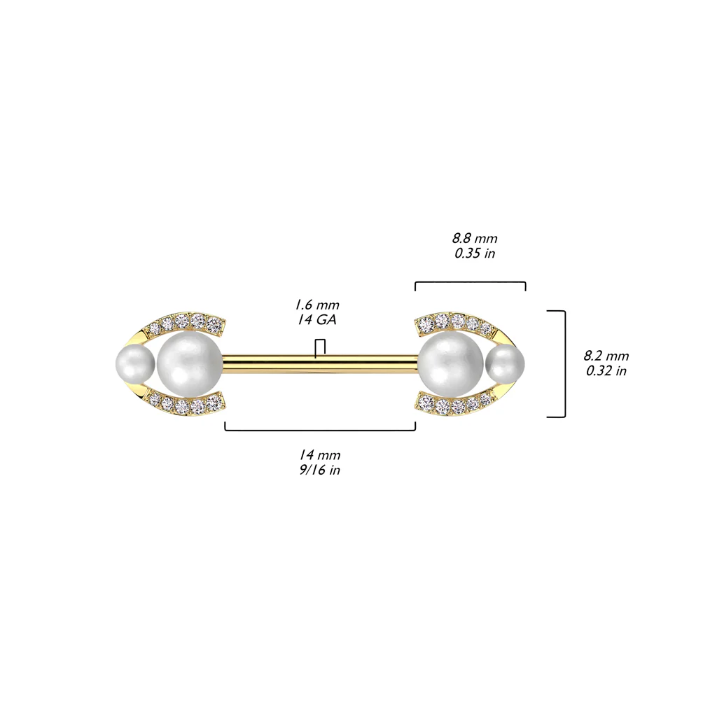 Pair Pearl & CZ Paved Horseshoe Edges Barbell Nipple Rings - Image 2