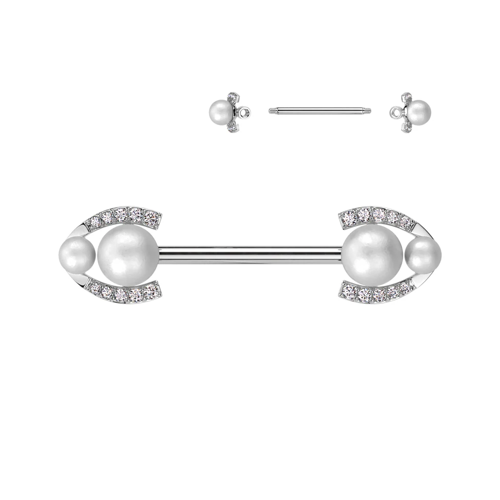 Pair Pearl & CZ Paved Horseshoe Edges Barbell Nipple Rings - Image 3