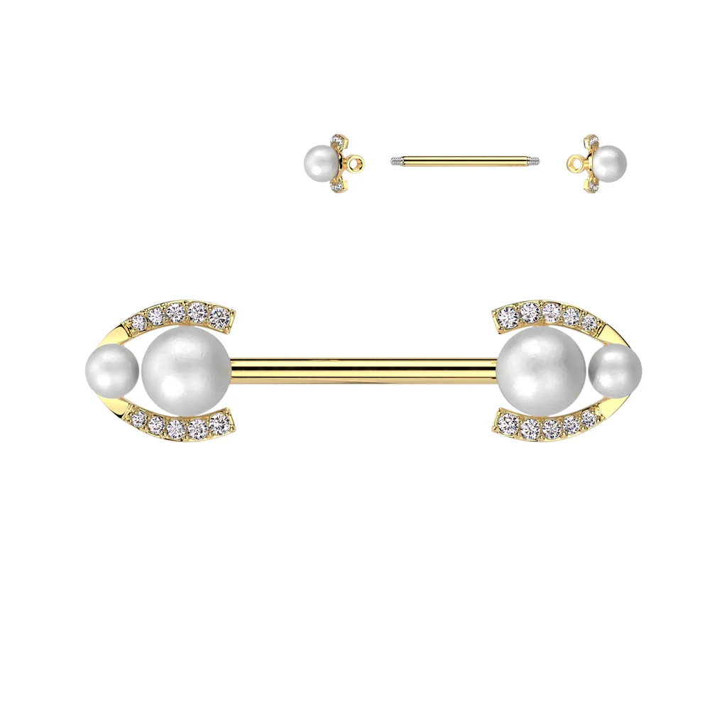 Pair Pearl & CZ Paved Horseshoe Edges Barbell Nipple Rings - Image 4