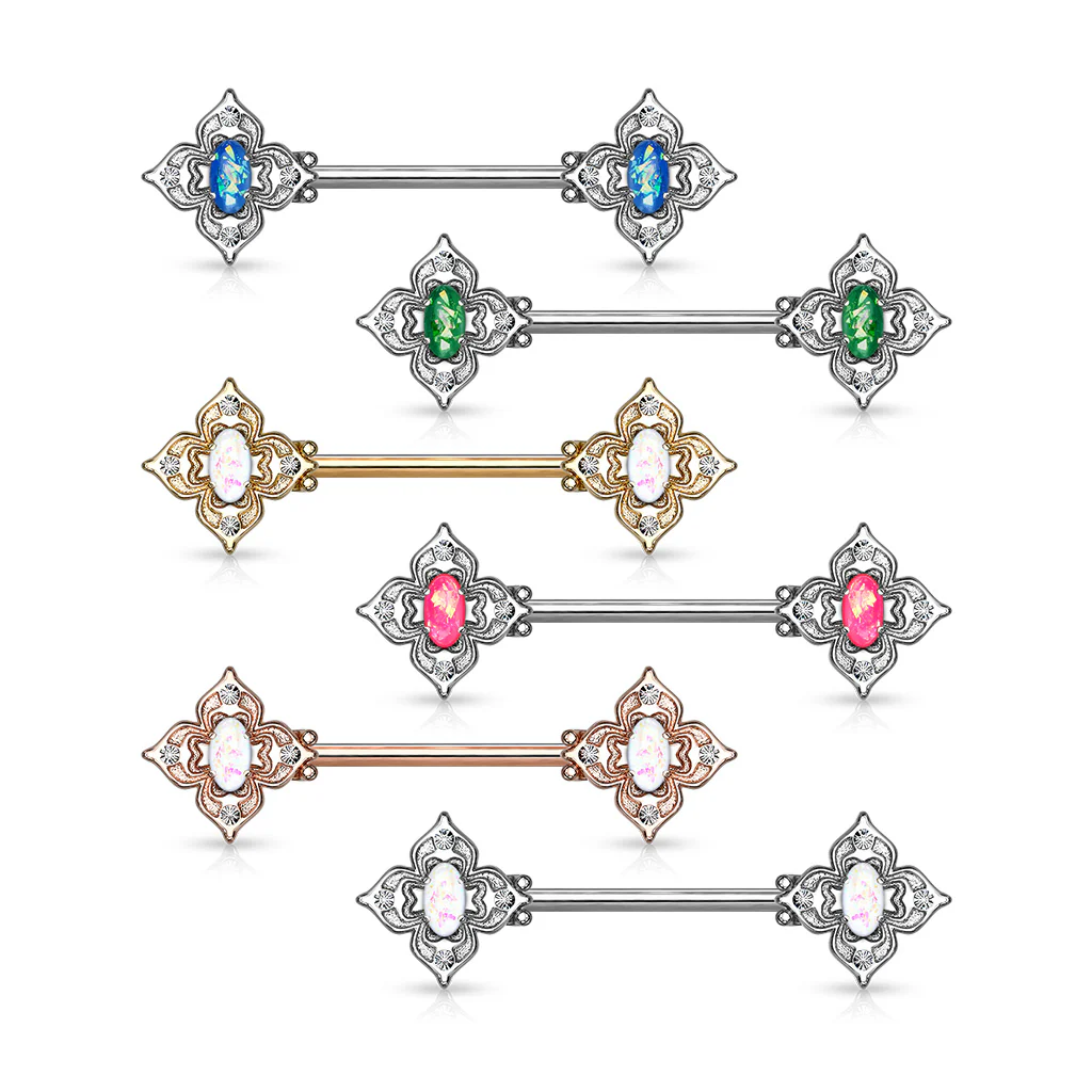 Pair Floral Filigree Crystal & Opal Glitter Nipple Barbell Rings - Image 11