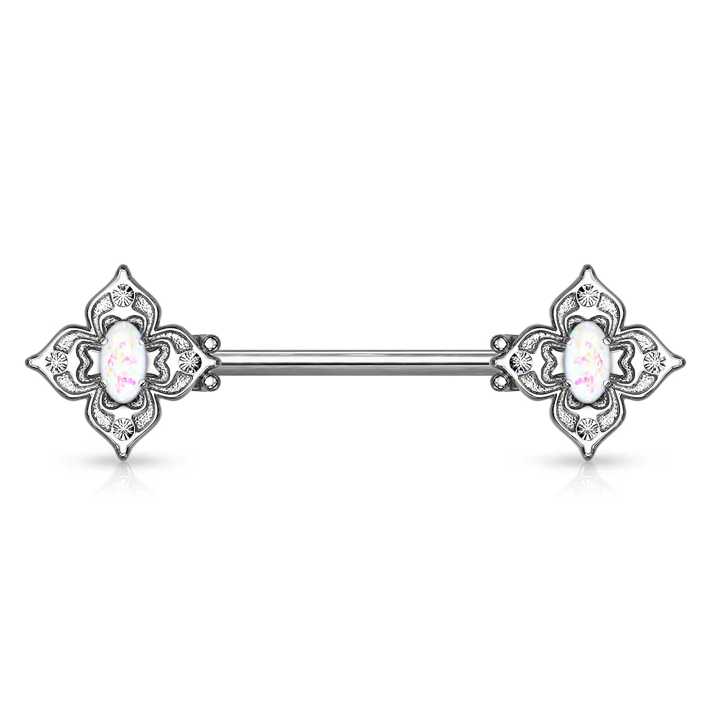 Pair Floral Filigree Crystal & Opal Glitter Nipple Barbell Rings - Image 13