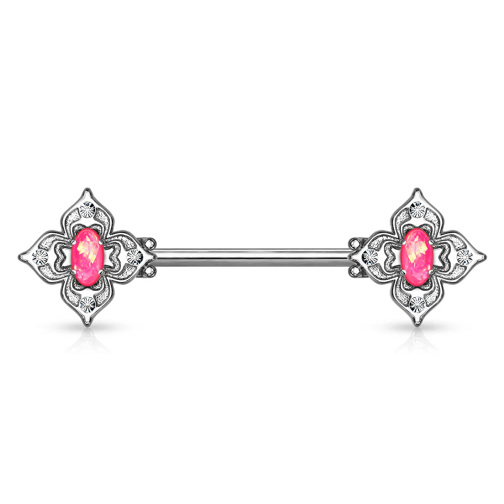 Pair Floral Filigree Crystal & Opal Glitter Nipple Barbell Rings - Image 15