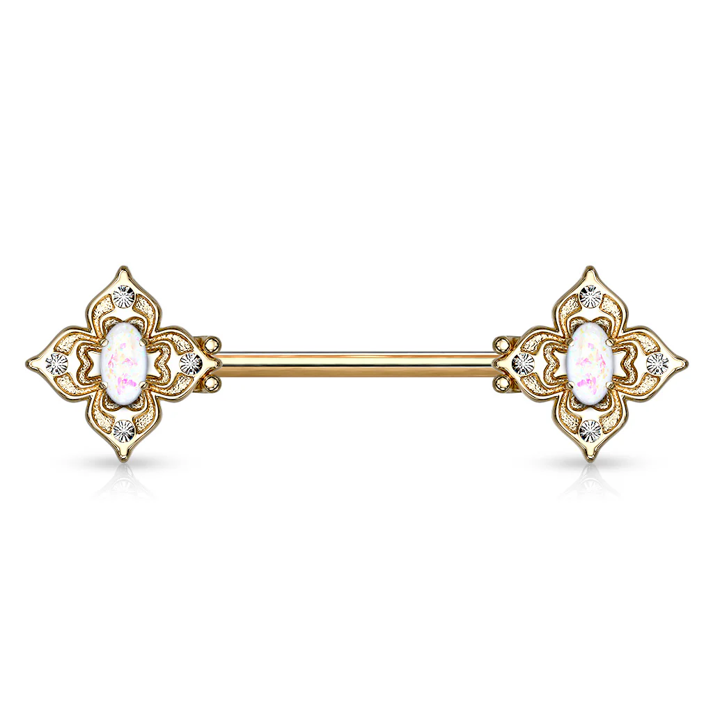 Pair Floral Filigree Crystal & Opal Glitter Nipple Barbell Rings - Image 16