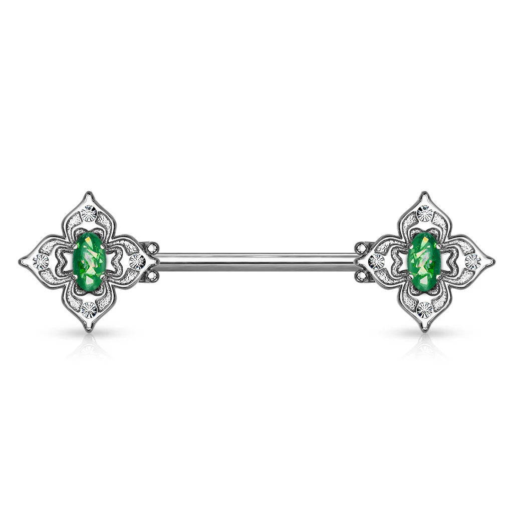 Pair Floral Filigree Crystal & Opal Glitter Nipple Barbell Rings - Image 17