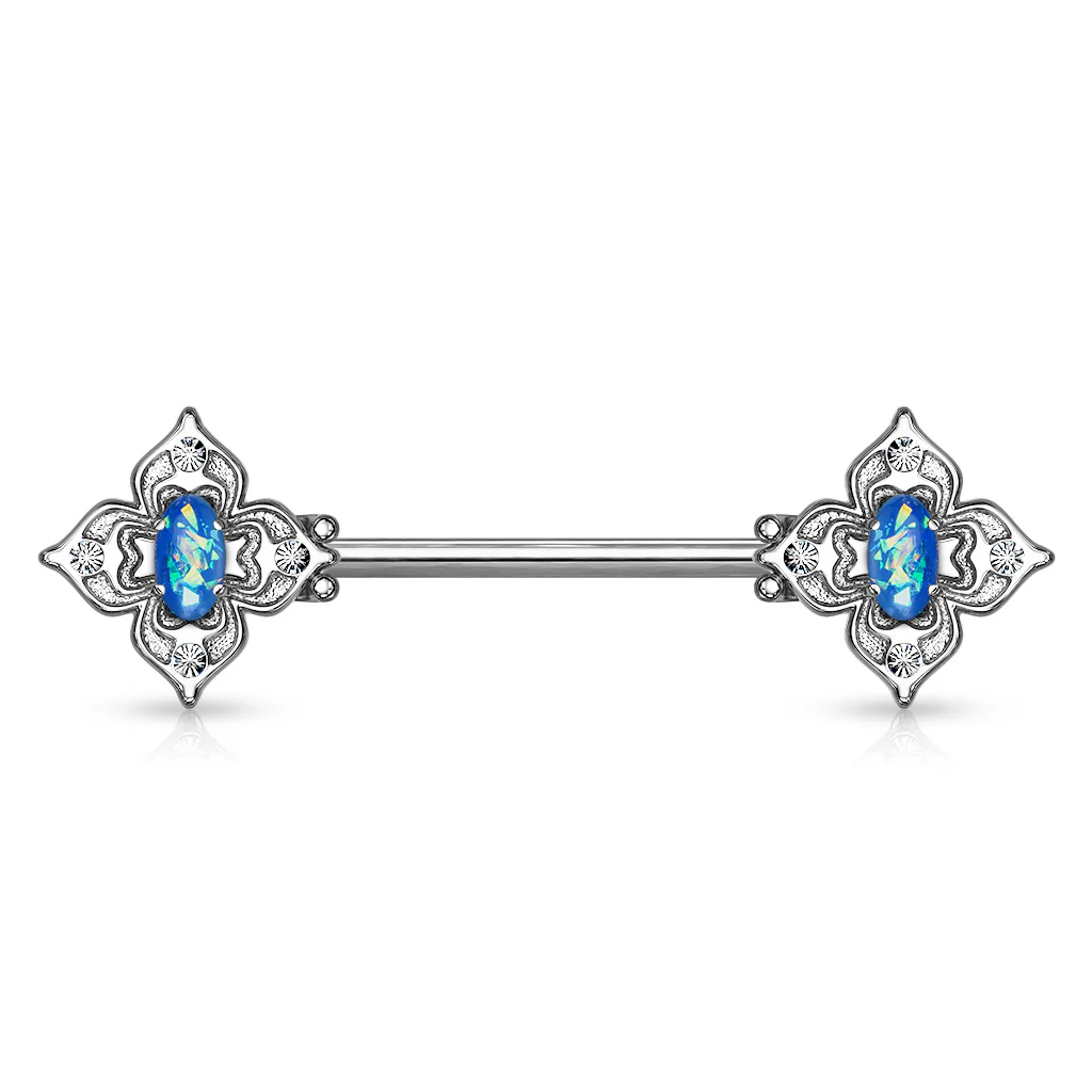 Pair Floral Filigree Crystal & Opal Glitter Nipple Barbell Rings - Image 18