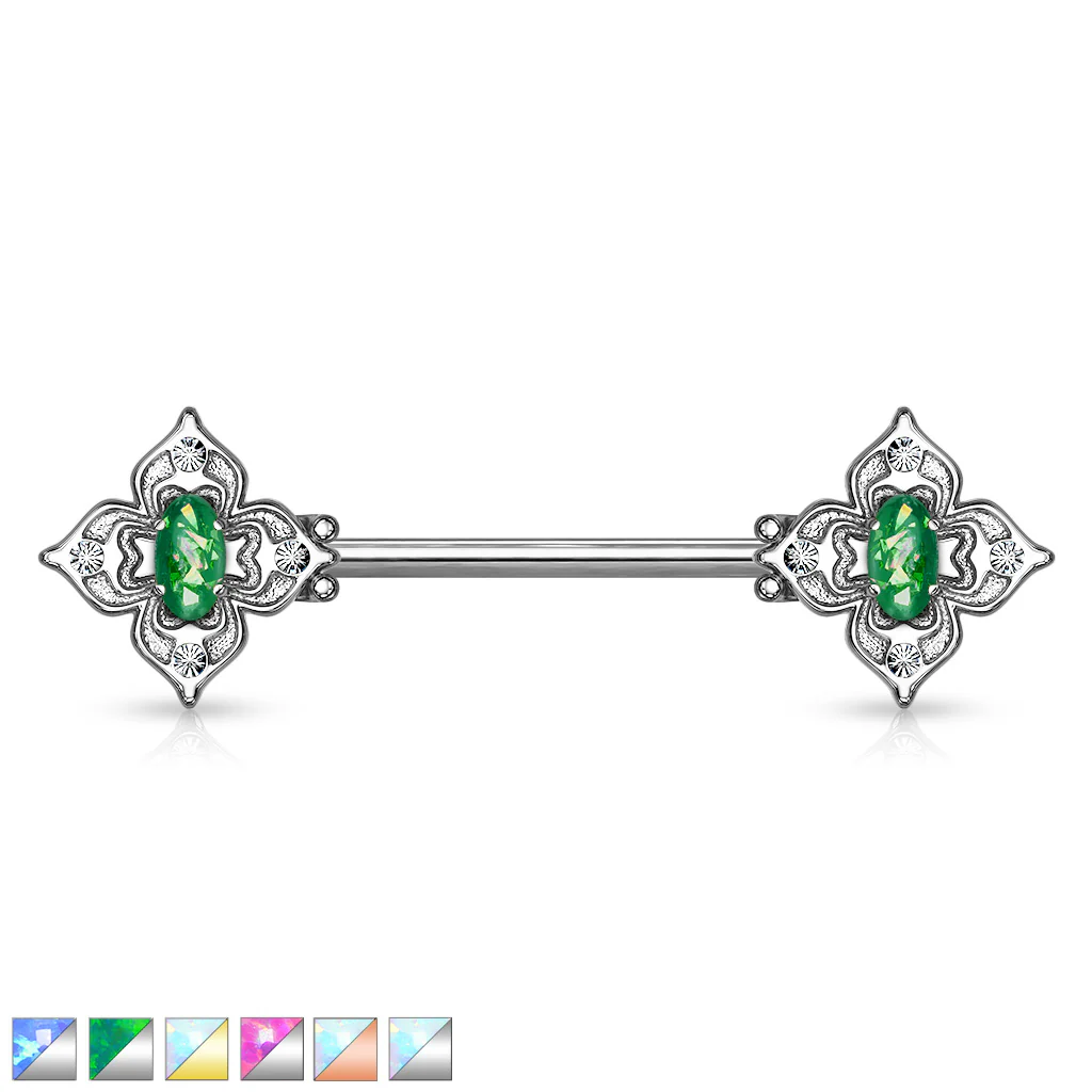 Pair Floral Filigree Crystal & Opal Glitter Nipple Barbell Rings - Image 19
