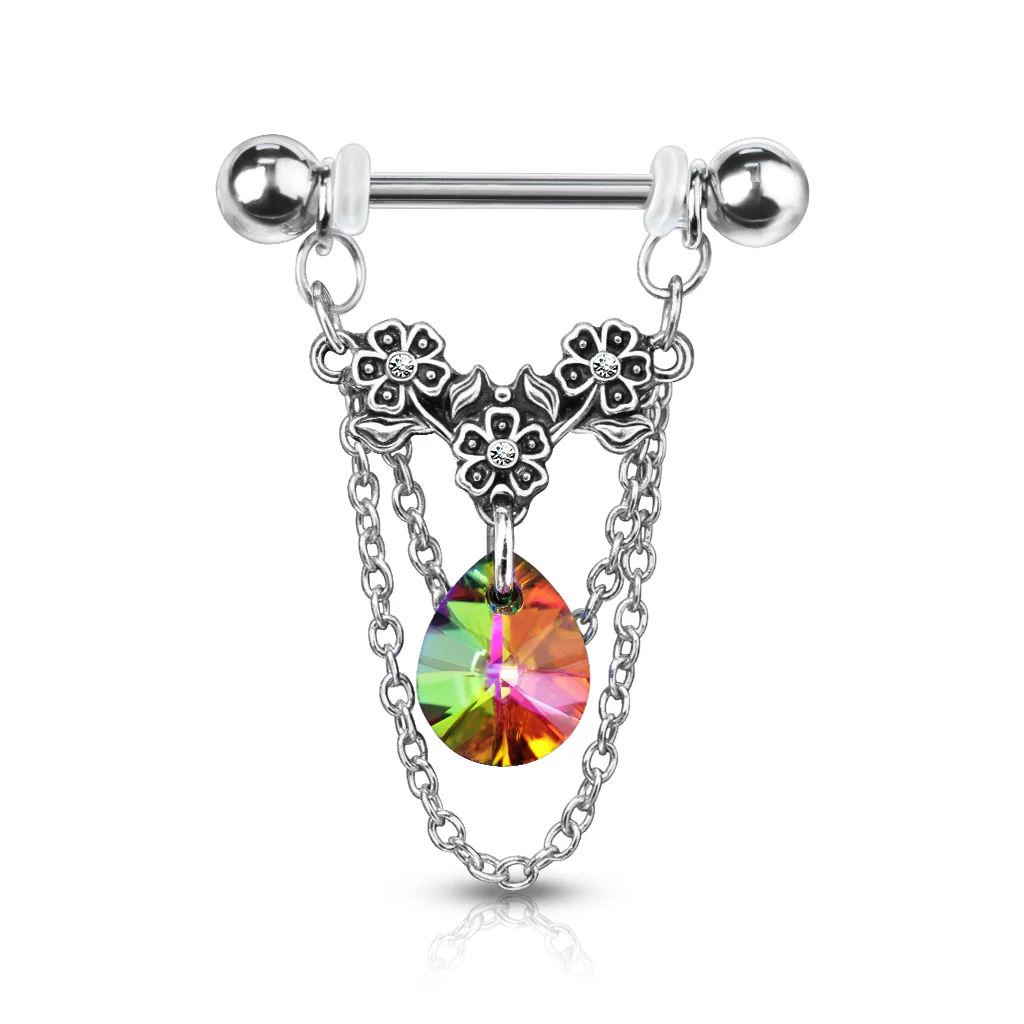Pair Crystal Center Flower With Pear Crystal Dangle Barbell Nipple Rings - Image 5