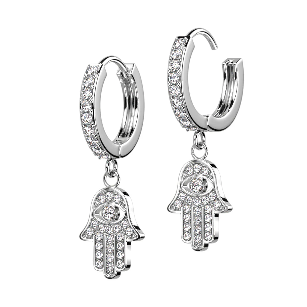 Pair CZ Paved CZ Hamsa Dangle Hoop Earrings - Image 3