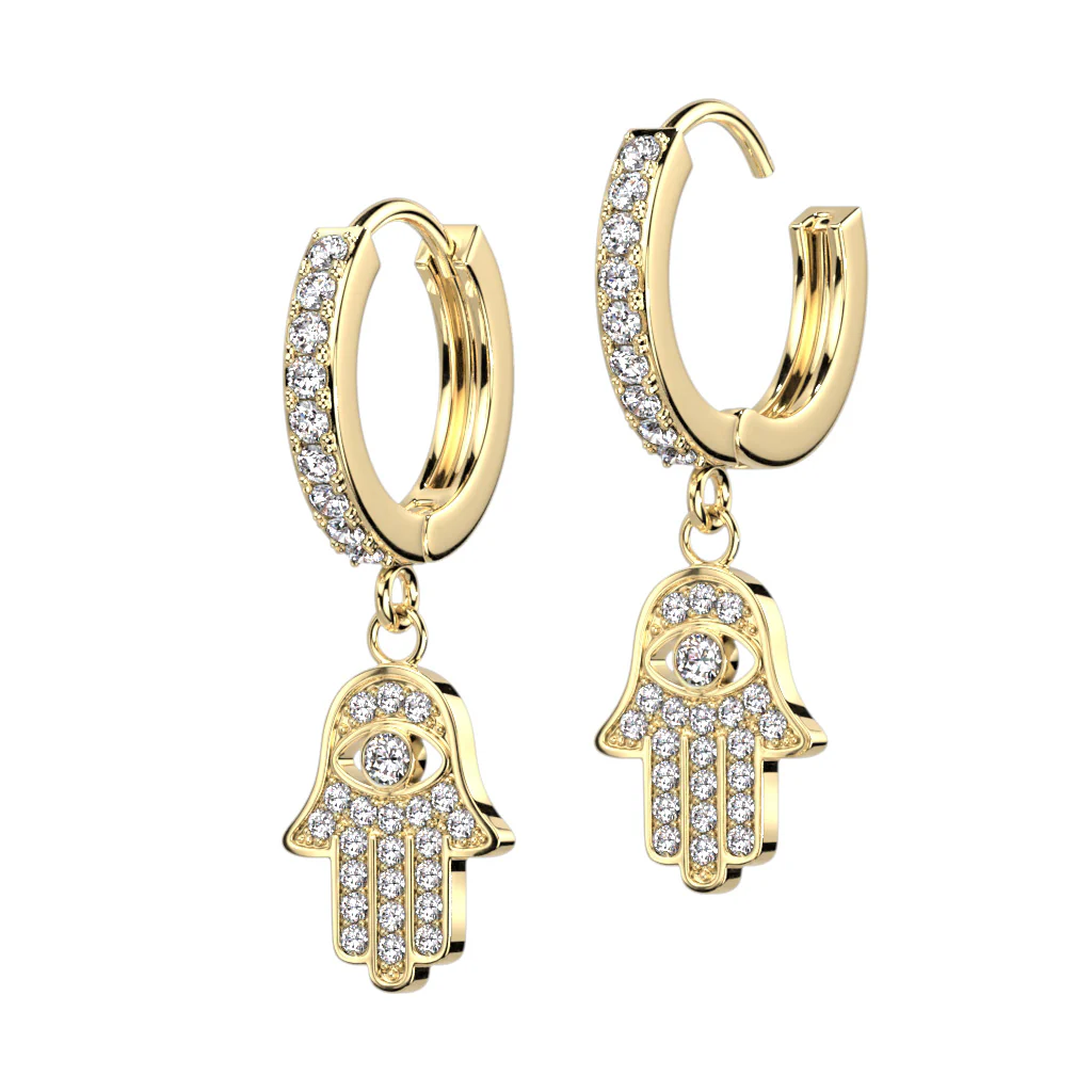 Pair CZ Paved CZ Hamsa Dangle Hoop Earrings - Image 4