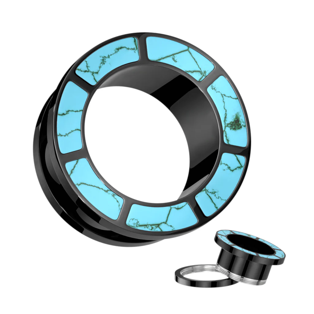 Pair Turquoise Rimmed Black Screw Fit Ear Tunnels Plugs - Image 3