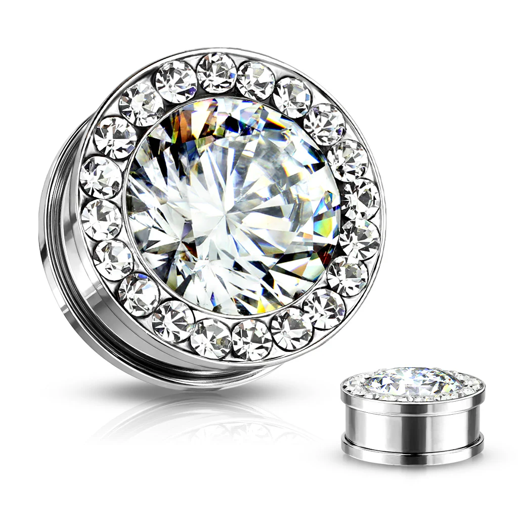 Pair Faceted CZ Center With Multi-Gem Rim Screw Fit Hollow Tunnels - Image 3