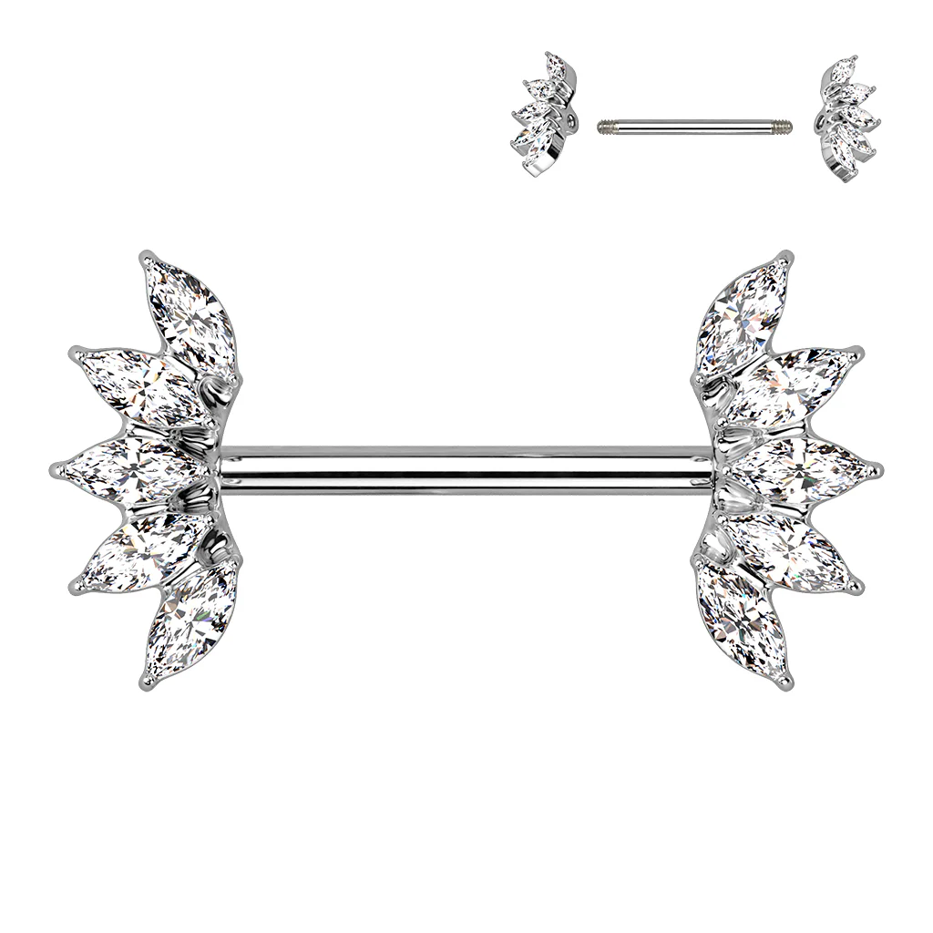 Pair 5 Marquise Crystals Fan End Nipple Barbell Rings - Image 6