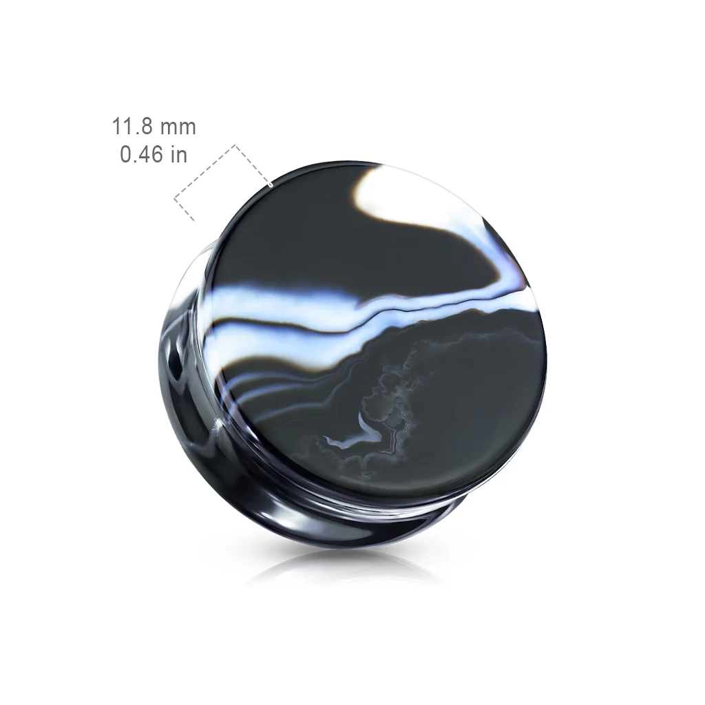 Pair Of Black/White Agate Natural Stone Double Flared Ear Plugs - Image 2