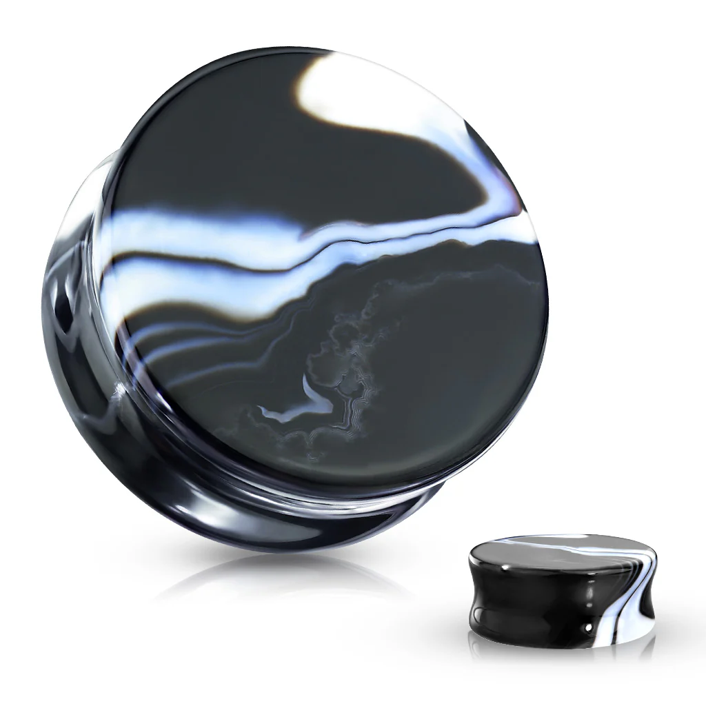 Pair Of Black/White Agate Natural Stone Double Flared Ear Plugs - Image 3