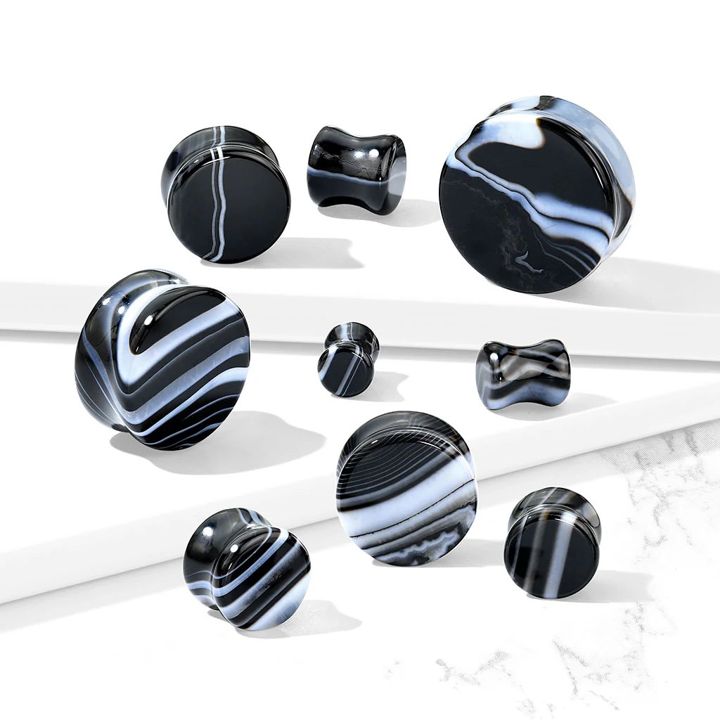 Pair Of Black/White Agate Natural Stone Double Flared Ear Plugs - Image 4