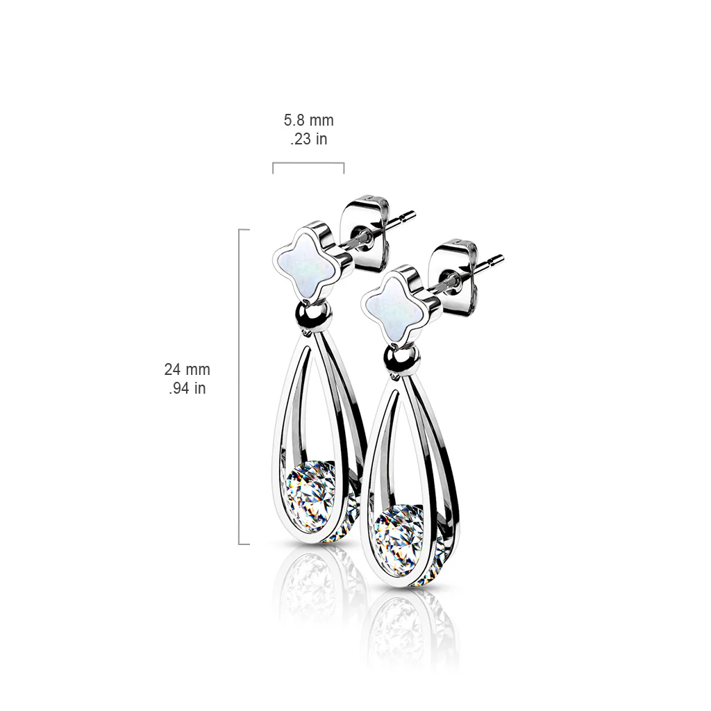 Shell-Filled Stud Earrings with Dangling Hollow Teardrop CZ - Image 3