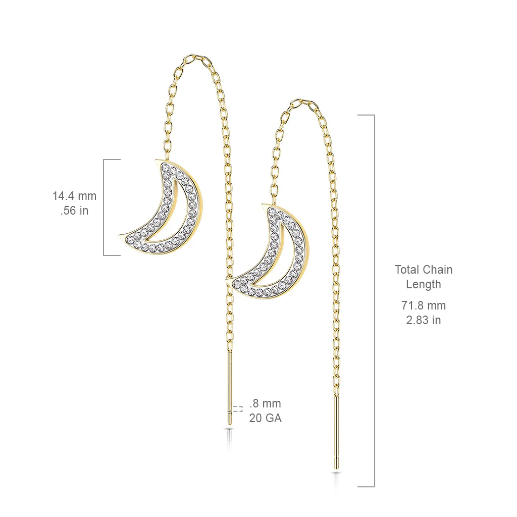 Pair Paved CZ Crescent Moon Falling Threader Earring - Image 4