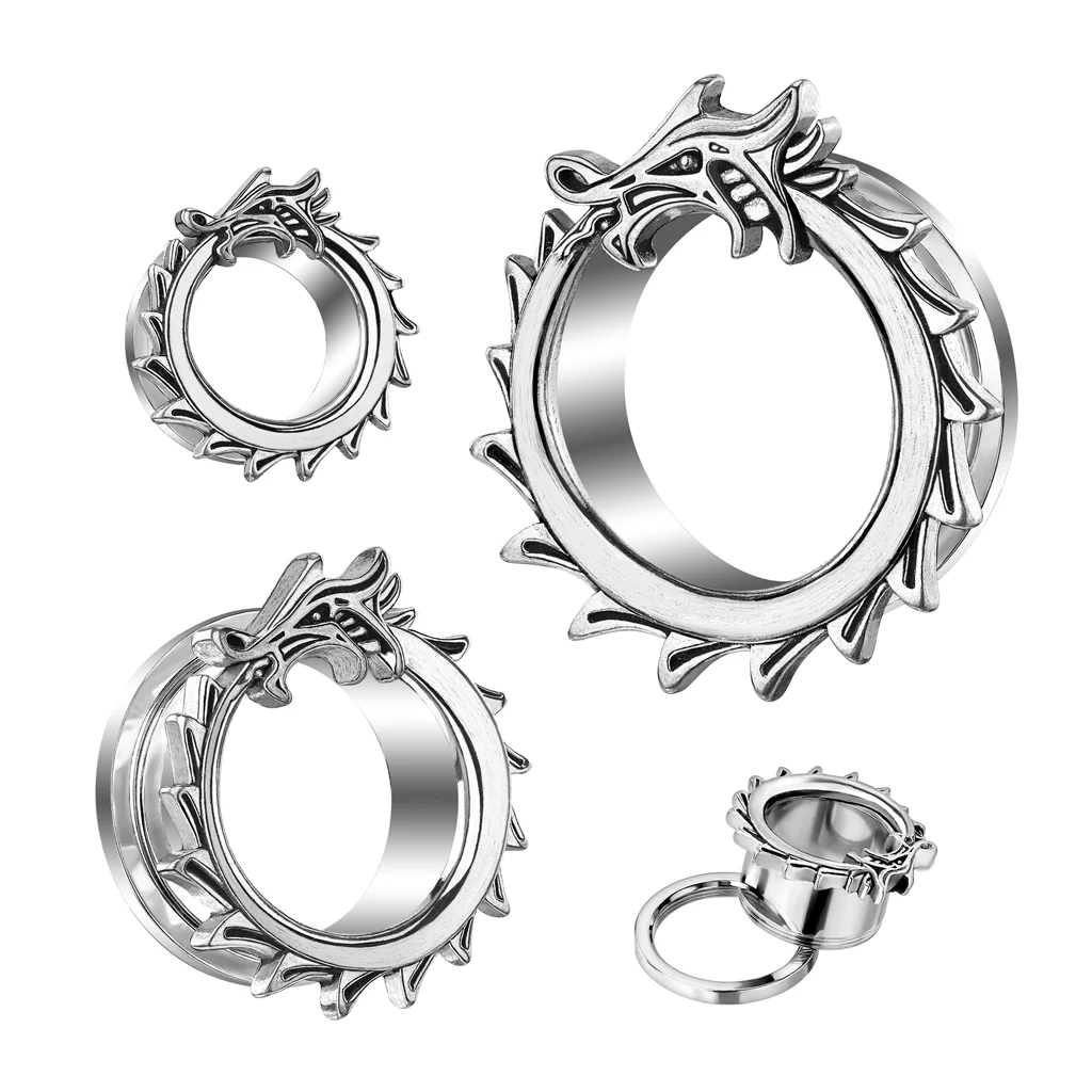 Pair Dragon Around The Rim Plugs Screw Fit Flesh Tunnels Ear Plugs