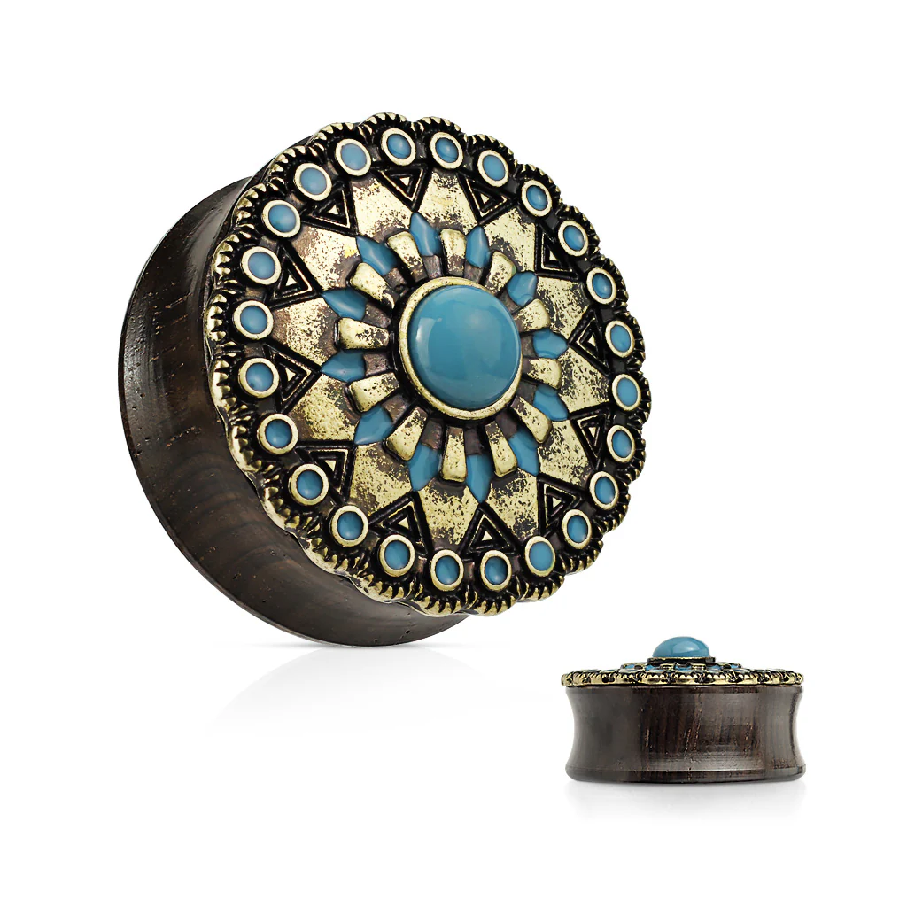 Turquoise and Enamel Tribal Sun Ebony Wood Double Flare Saddle Ear Plugs - Image 2