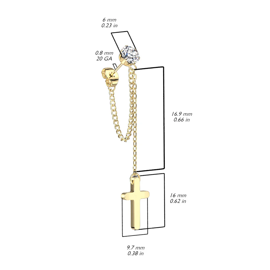 Pair CZ Stud Earrings With Chain Link and Cross Dangling - Image 2