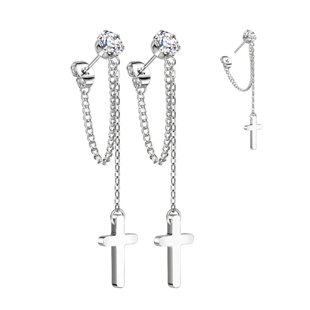 Pair CZ Stud Earrings With Chain Link and Cross Dangling - Image 3